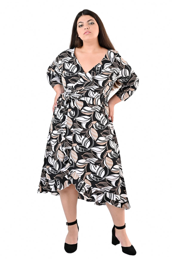 Sukienka FSU1073 CZARNY beżowo ekri liście