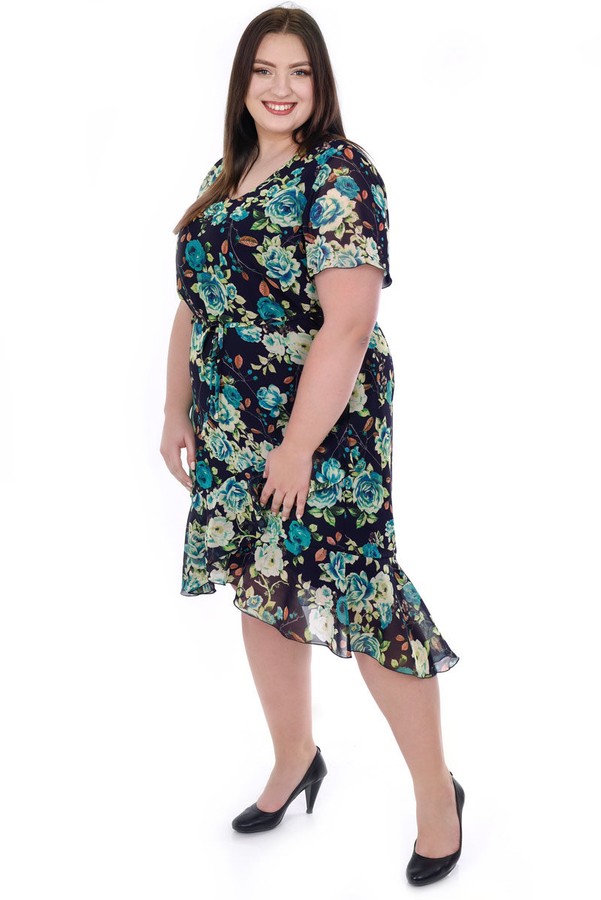 Sukienka FSU1076 GRANATOWY zielono turkusowe kwiaty