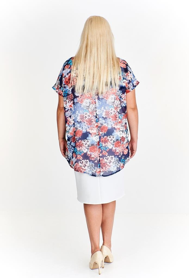 Sukienka FSU620  EKRI + GRANATOWY czerwono-turkusowe kwiaty