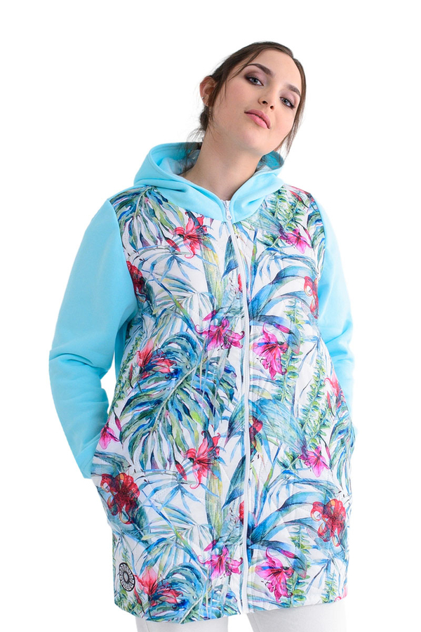 Kurtka FKU1067D TURKUSOWY JASNY drukowane kwiaty i liście