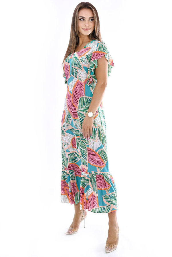 Sukienka FSU1120 ZIELONY różowo zielone liście