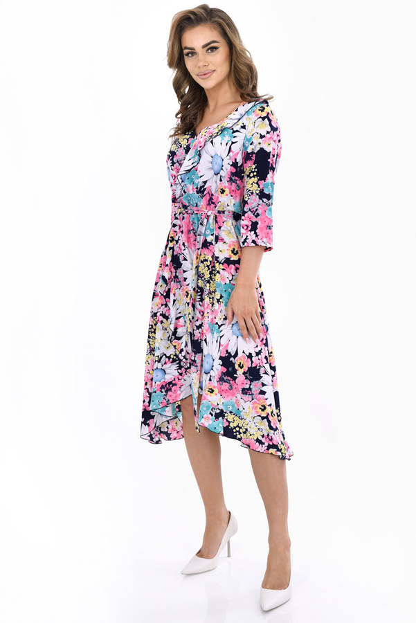 Sukienka FSU1073 GRANATOWY żółto różowe kwiaty