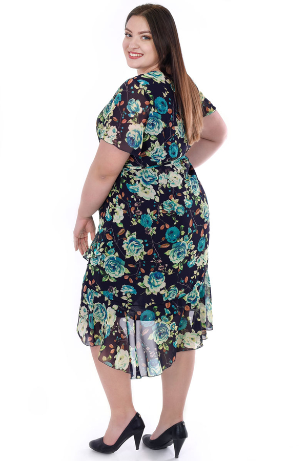 Sukienka FSU1076 GRANATOWY zielono turkusowe kwiaty