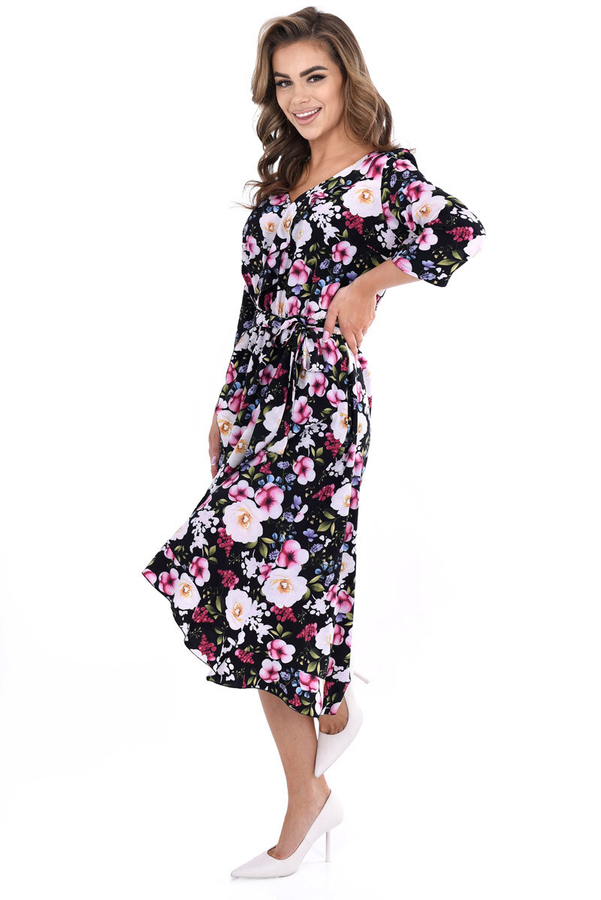Sukienka FSU1073 CZARNY różowo ekri kwiaty