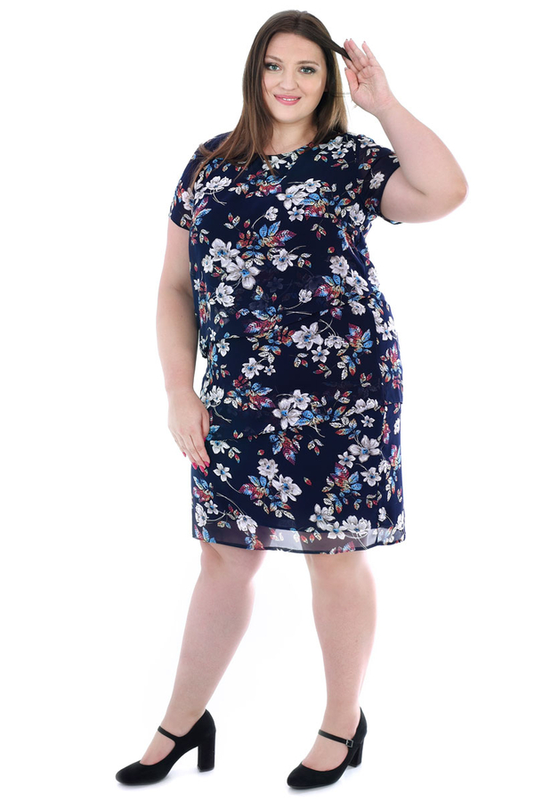Sukienka FSU1115 GRANATOWY szare kwiatki czerwono niebieskie liście