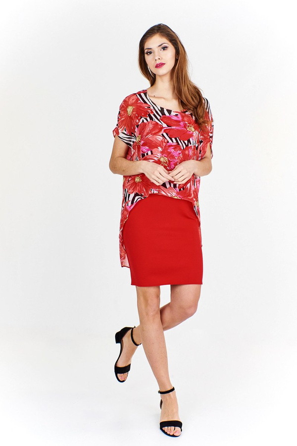 Sukienka FSU620  CZERWONY MOCNY + CZERWONY kwiaty