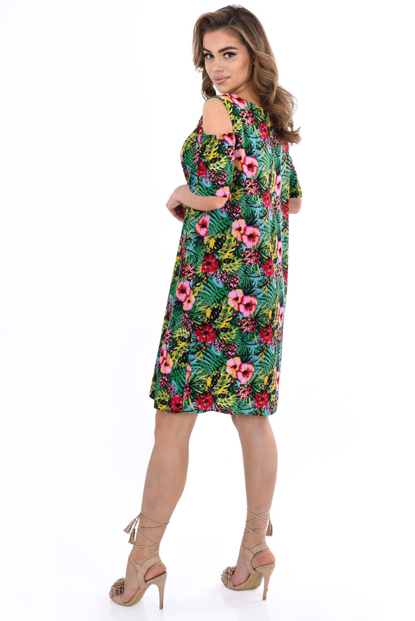 Sukienka FSU939 CZARNY czerwono różowe kwiaty hibiskusa