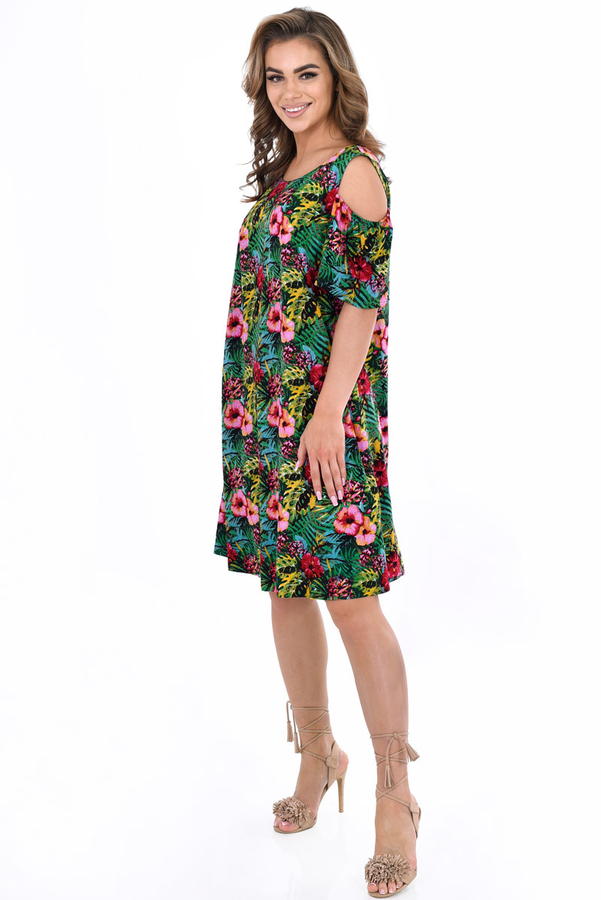 Sukienka FSU939 CZARNY czerwono różowe kwiaty hibiskusa