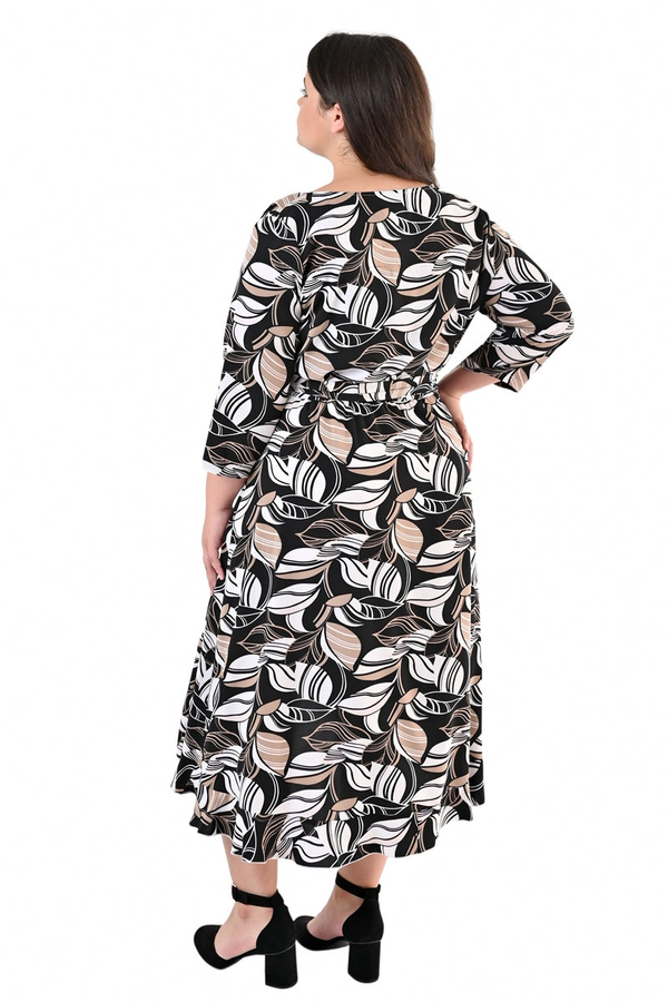 Sukienka FSU1073 CZARNY beżowo ekri liście