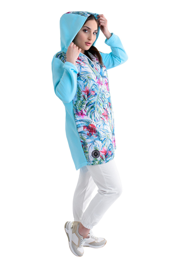 Kurtka FKU1067D TURKUSOWY JASNY drukowane kwiaty i liście