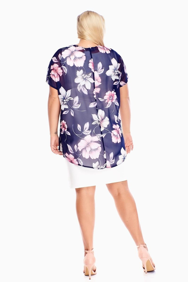 Sukienka FSU620  EKRI + GRANATOWY malinowy duży kwiaty