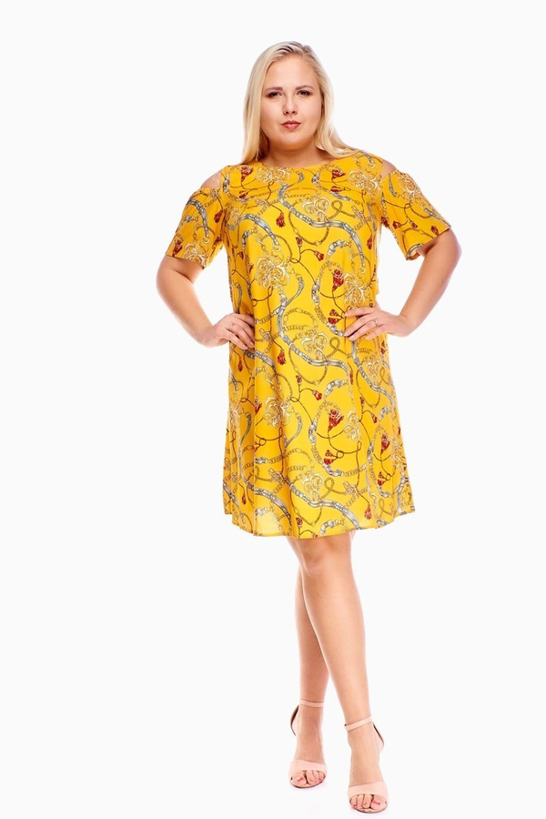 Sukienka FSU939 ŻÓŁTY CIEMNY czerwono-złote ozdoby