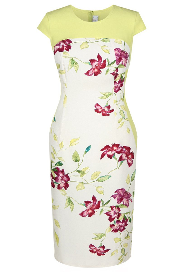 Sukienka FSU686 EKRI + LIMONKA kwiaty