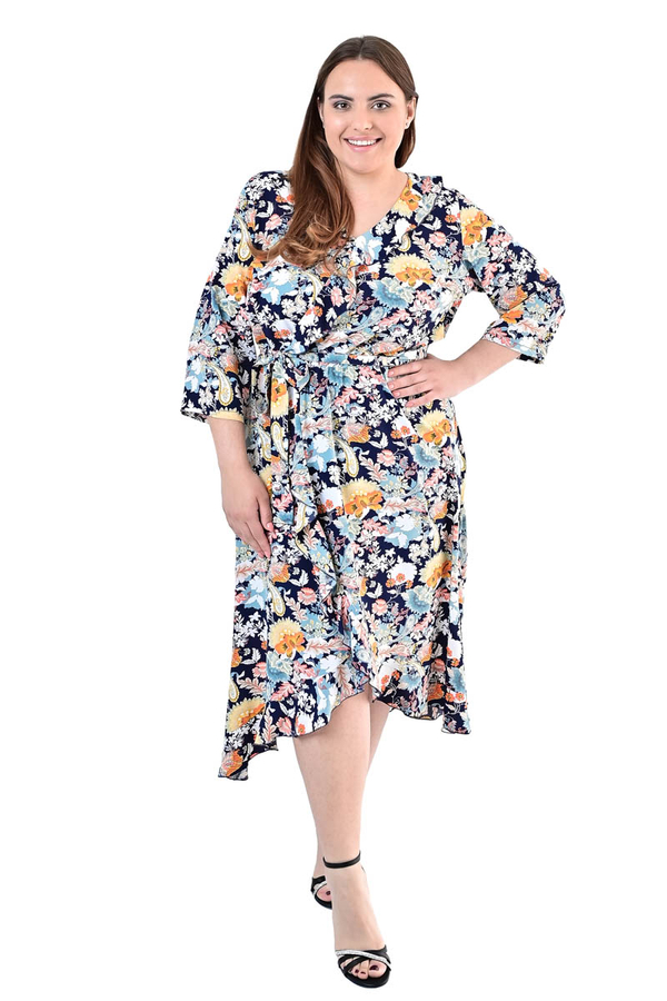 Sukienka FSU1073 GRANATOWY pomarańczowo niebieskie kwiaty