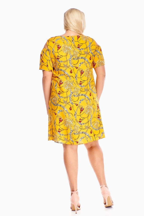 Sukienka FSU939 ŻÓŁTY CIEMNY czerwono-złote ozdoby