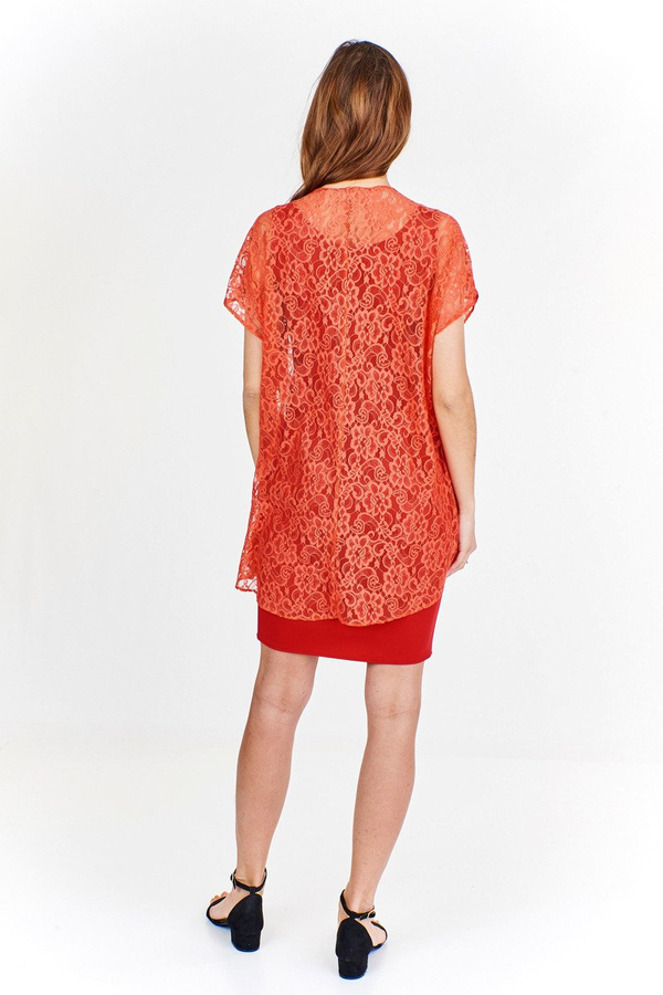 Sukienka FSU620  CZERWONY MOCNY + KORALOWY koronka