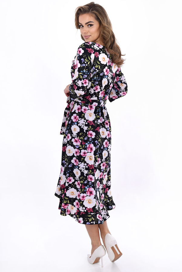 Sukienka FSU1073 CZARNY różowo ekri kwiaty