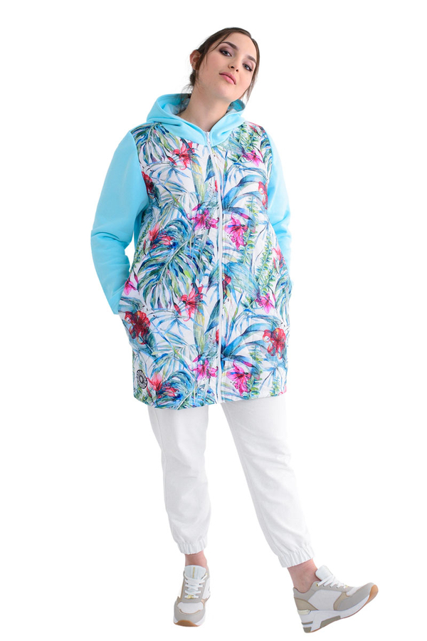 Kurtka FKU1067D TURKUSOWY JASNY drukowane kwiaty i liście