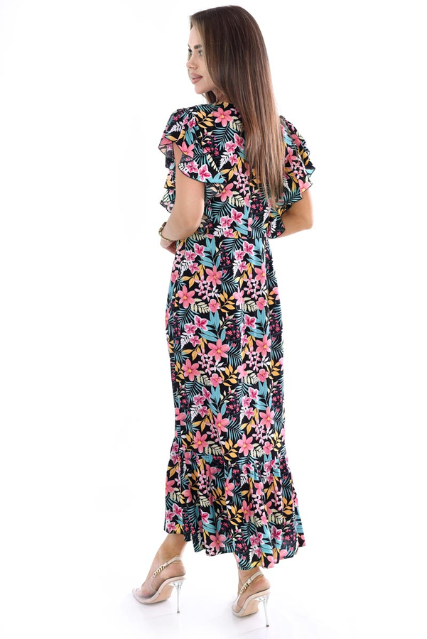Sukienka FSU1120 CZARNY różowe pastelowe kwiatki