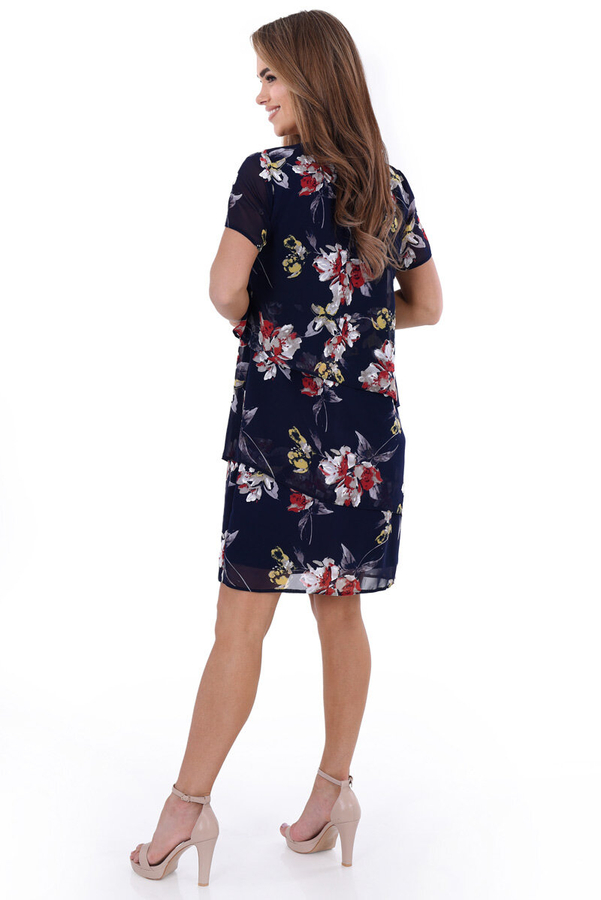 Sukienka FSU1115 GRANATOWY czerwono szare kwiaty