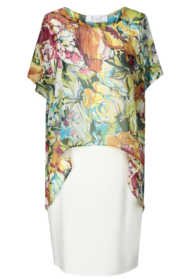 Sukienka FSU620  EKRI + TURKUSOWY ŚREDNI gładki