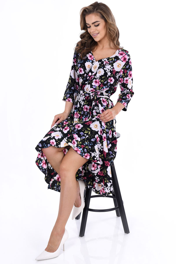 Sukienka FSU1073 CZARNY różowo ekri kwiaty