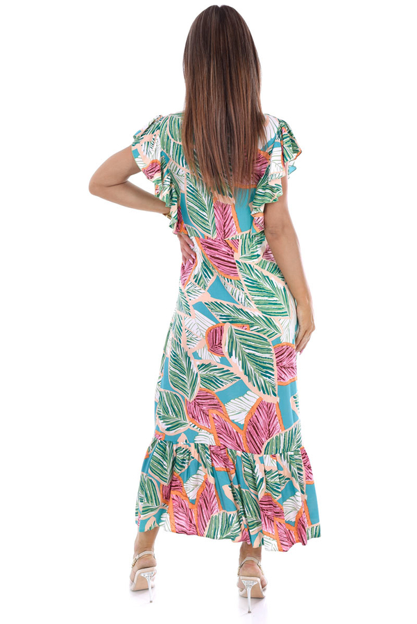 Sukienka FSU1120 ZIELONY różowo zielone liście