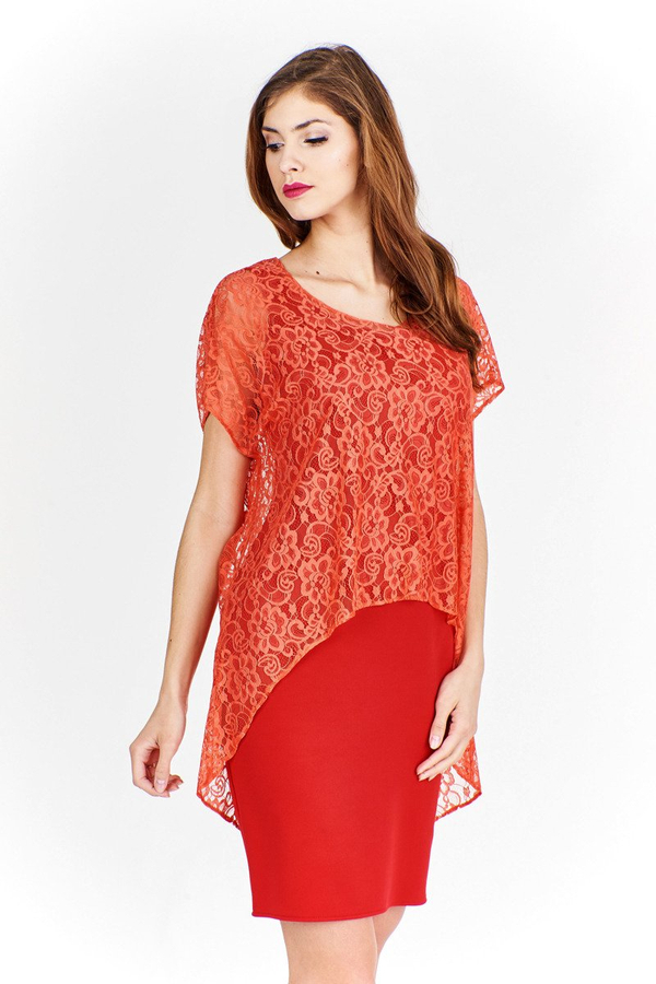 Sukienka FSU620  CZERWONY MOCNY + KORALOWY koronka