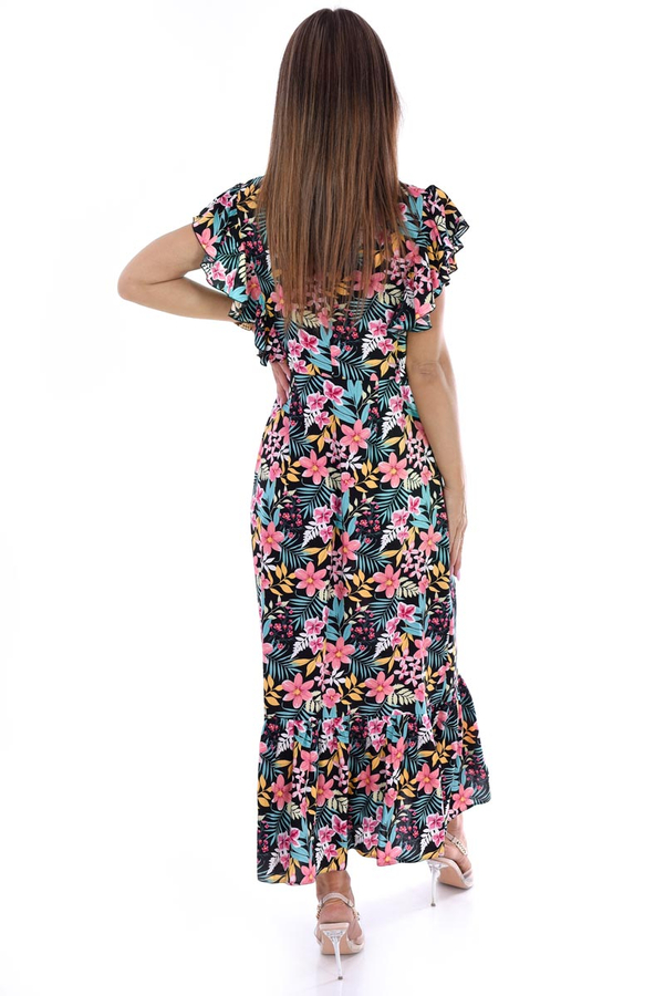 Sukienka FSU1120 CZARNY różowe pastelowe kwiatki