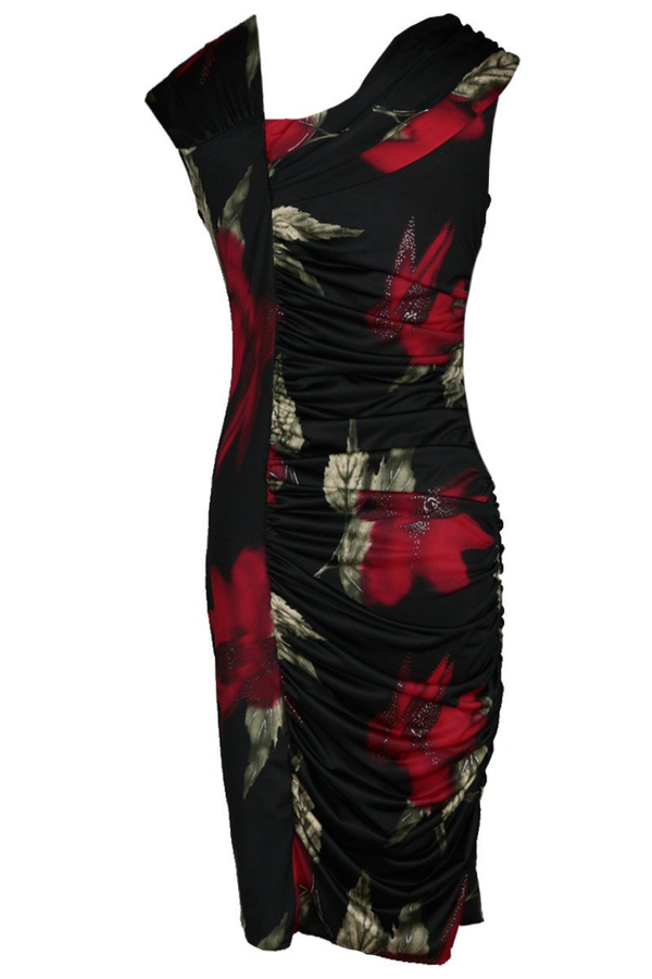 Sukienka FSU198 CZARNY ZIELONY  liść