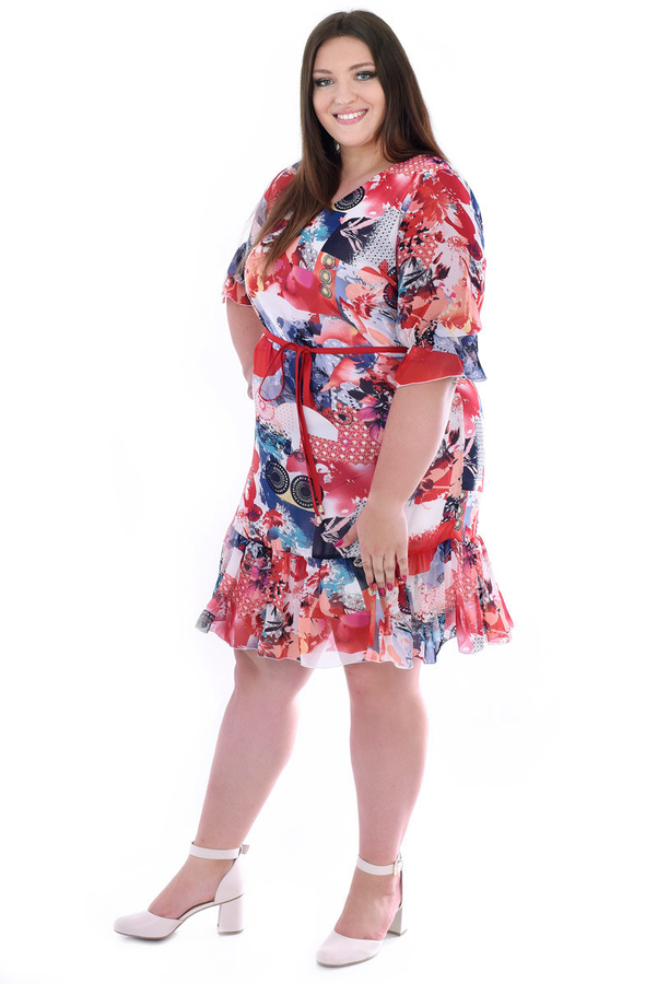 Sukienka FSU1048 EKRI czerwono granatowe plamy