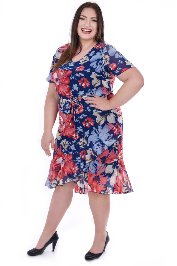 Sukienka FSU1076 GRANATOWY koralowo beżowe kwiaty