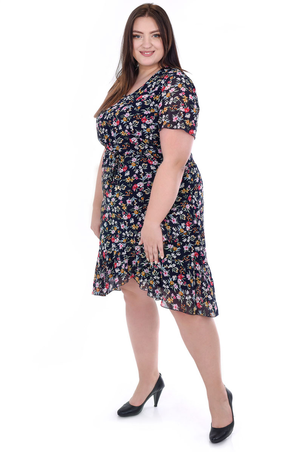 Sukienka FSU1076 GRANATOWY różowo czerwono miodowe kwiatki
