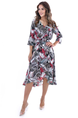 Sukienka FSU1073 CZARNY turkusowo amarantowe liście palmy