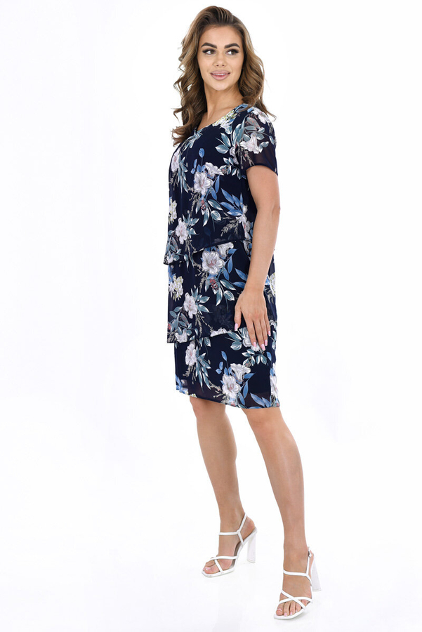 Sukienka FSU1115 GRANATOWY szare kwiatki niebiesko zielone liście