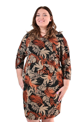 Sukienka FSU1062 CZARNY beżowo rude liście palmy