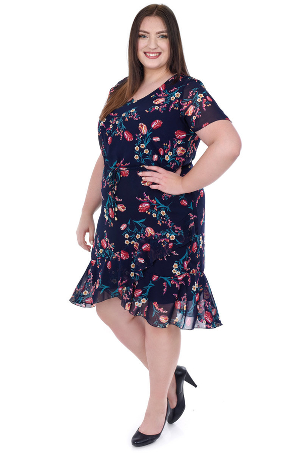 Sukienka FSU1076 GRANATOWY koralowo czerwone tulipany